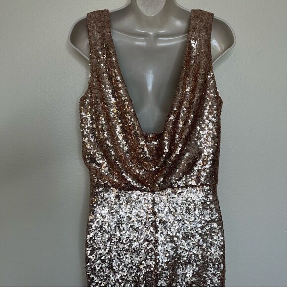 Revelry Dakota Rose Gold Sequin Gown V Neck Draped Scoop Open Back Women 16 - Picture 10 of 16